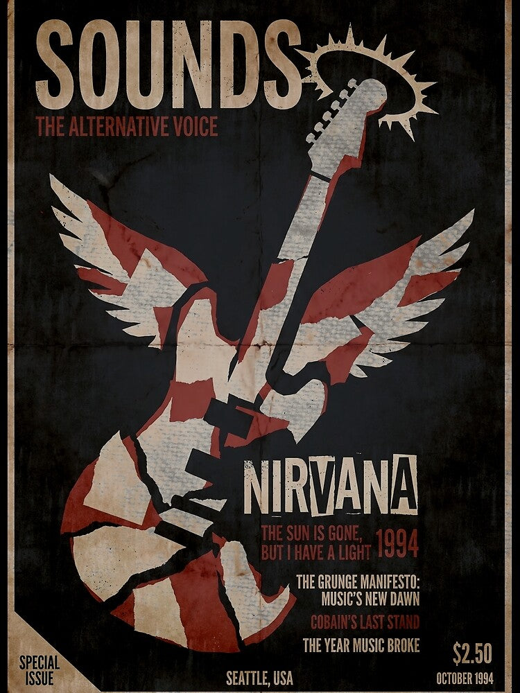 Vintage 90s Grunge Poster Broken Guitar With Angel Wings by vaerk