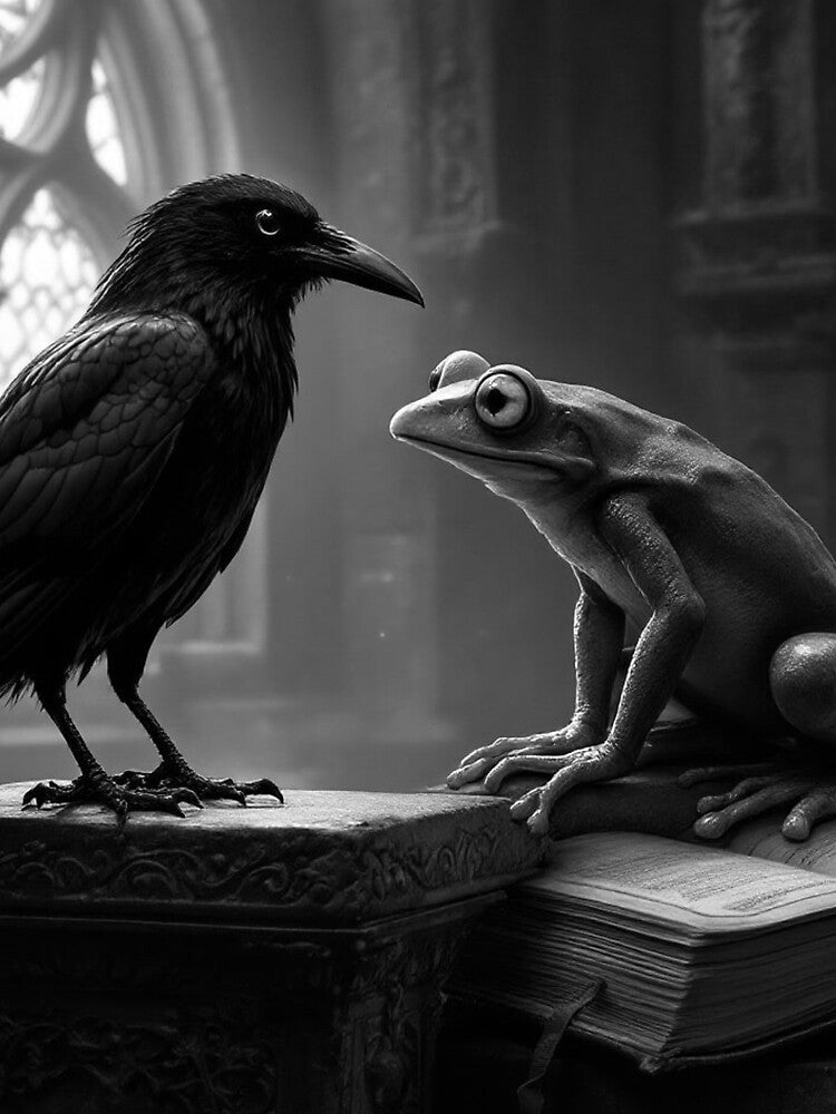 Unlikely Duel – Gothic Raven and Frog Art by The Nocturne Study.
