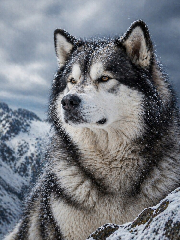 Majestic Alaskan Malamute in Snow Mountains – Powerful Wolf-Like Dog Portrait by Inkmatic Studio