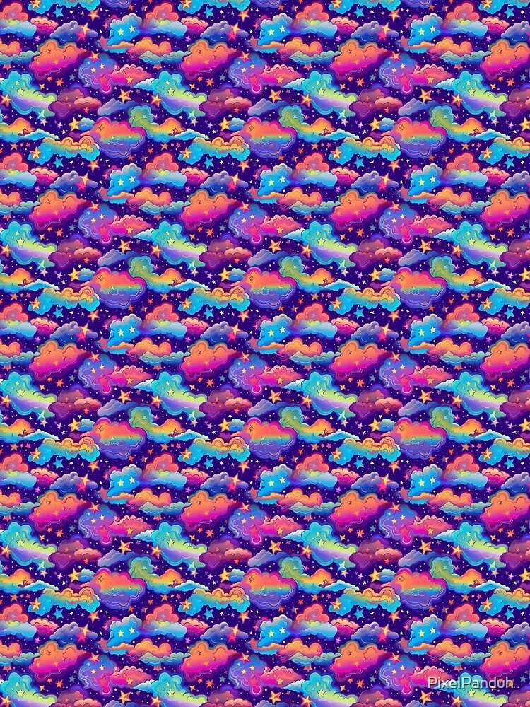 Neon Rainbow Clouds and Colorful Stars Pattern by PixelPanduh