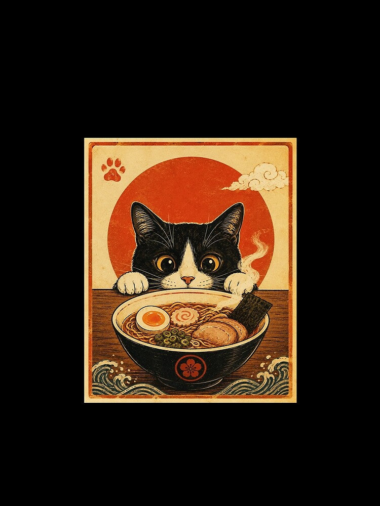 Curious Tuxedo Cat Watching Ramen Bowl Vintage Japanese by eliramaison