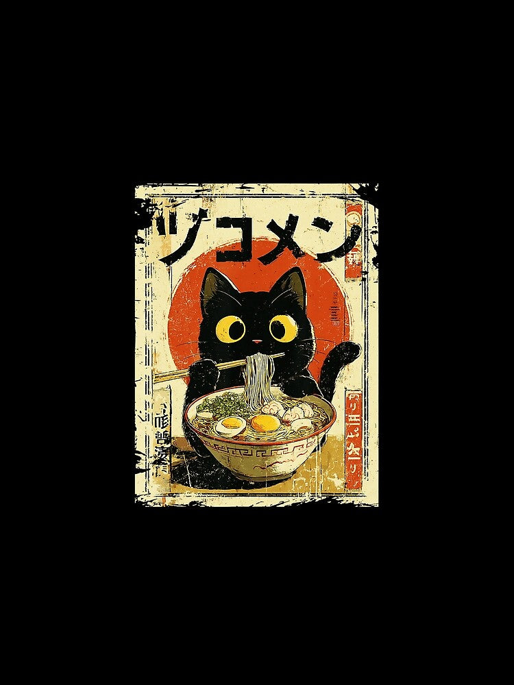 Black Cat Eating Ramen Vintage Japanese Style by titanlevi
