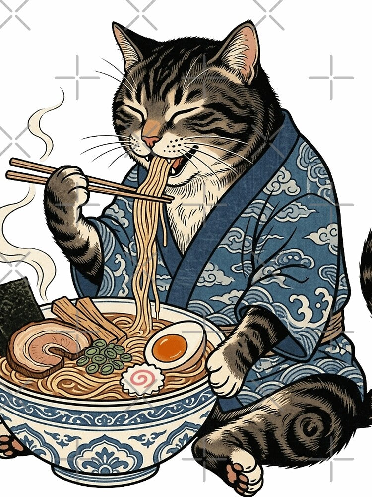 Ukiyoe Style Cat Eating Ramen - Japanese Woodblock Aesthetic by vekotpu