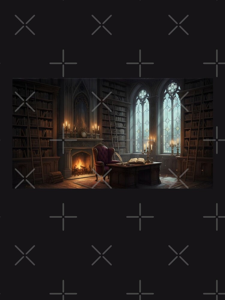 Gothic Library Vintage Study Room with Fireplace and Books by SplashTastic