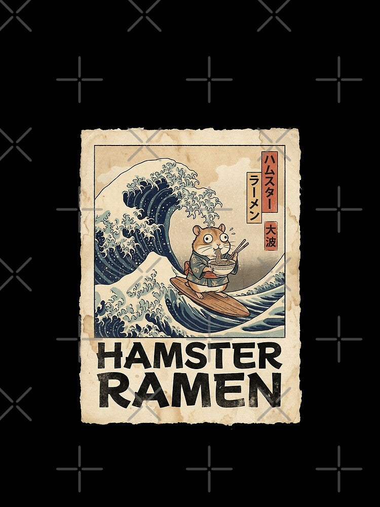 The Great Wave of Hamster Ramen - Ukiyo-e Style Funny Meme Graphic by Bongocomic