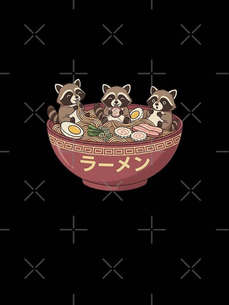 Cute Three Raccoon Ramen Party Kawaii Japanese Food Art by Bongocomic