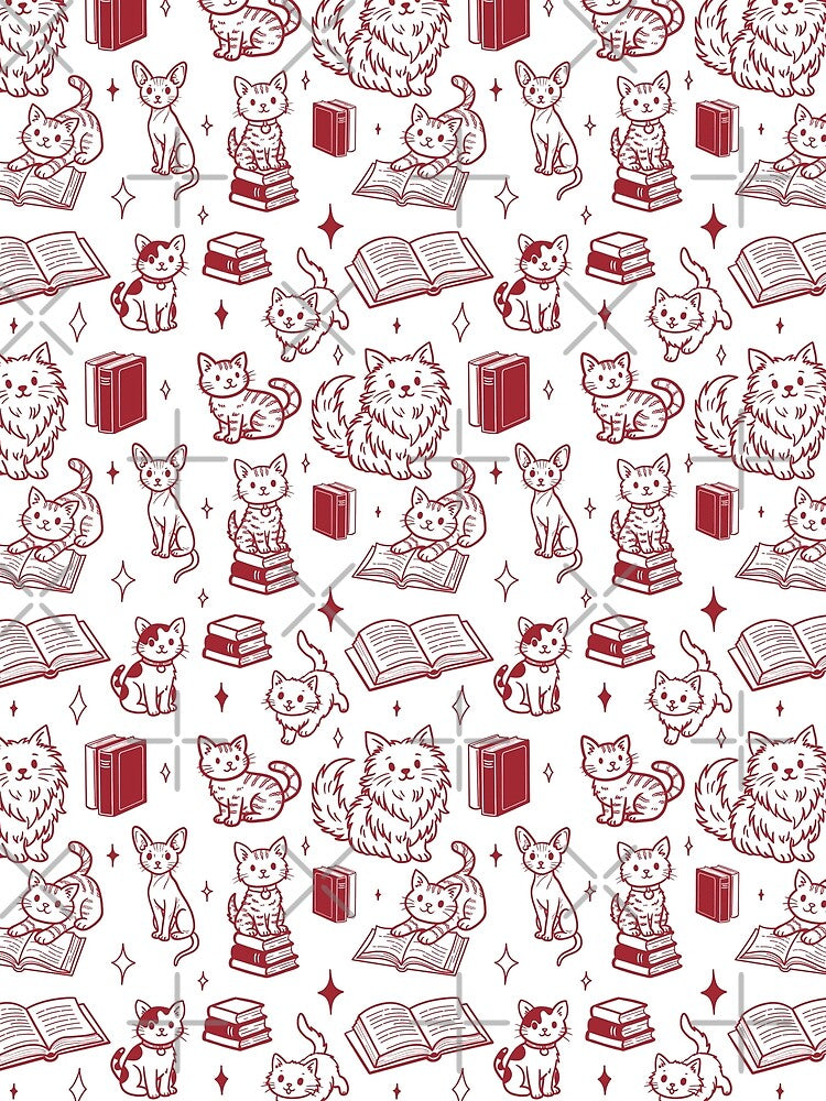 Cute Cats and Books Doodle Seamless Pattern for Book Lovers in Red by WildLakePatterns