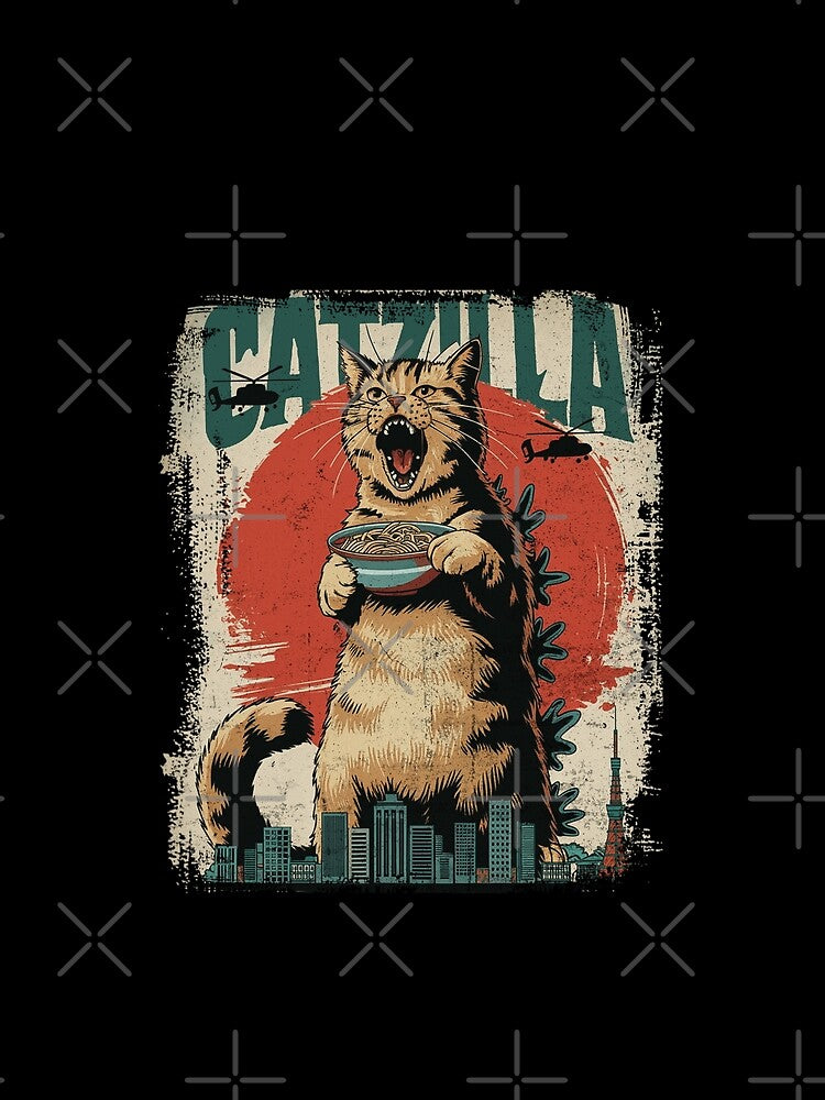 Catzilla Giant Cat Eating Ramen Tokyo Cityscape Retro Design by Damcoc