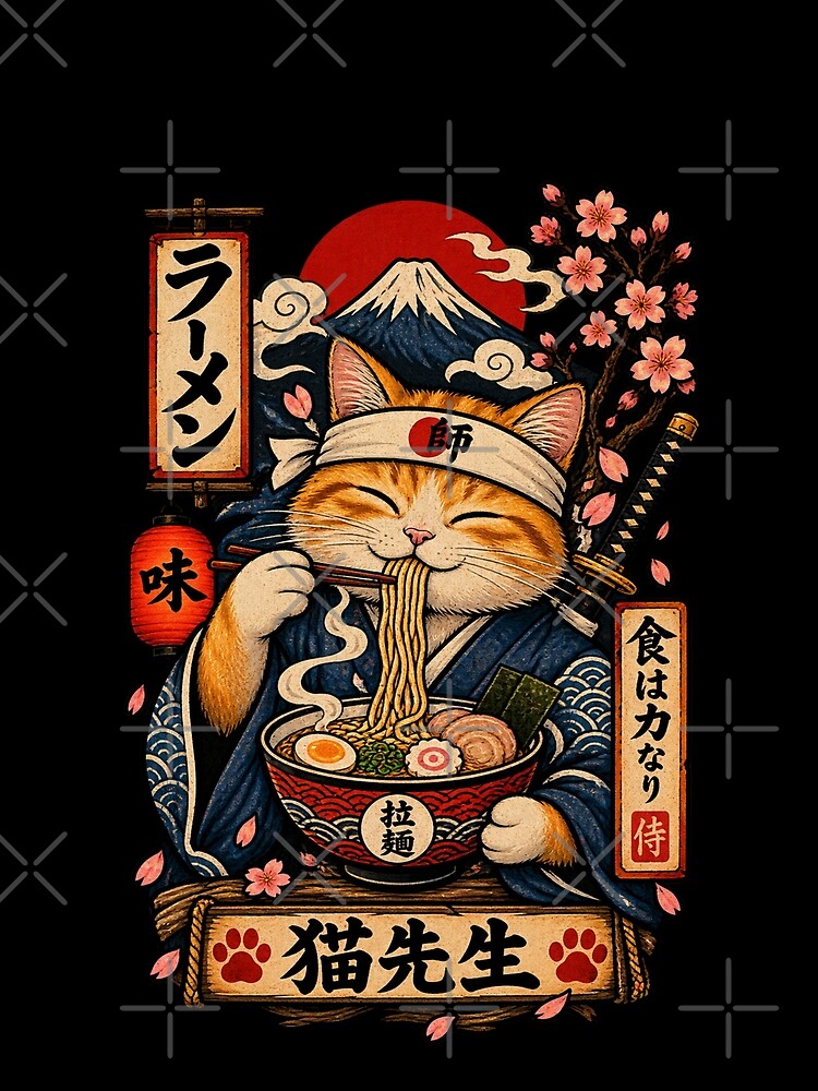 Japanese Ramen Cat Sensei Retro Ukiyo-e Shirt | Cute Samurai Cat Foodie by AvalonTshirts