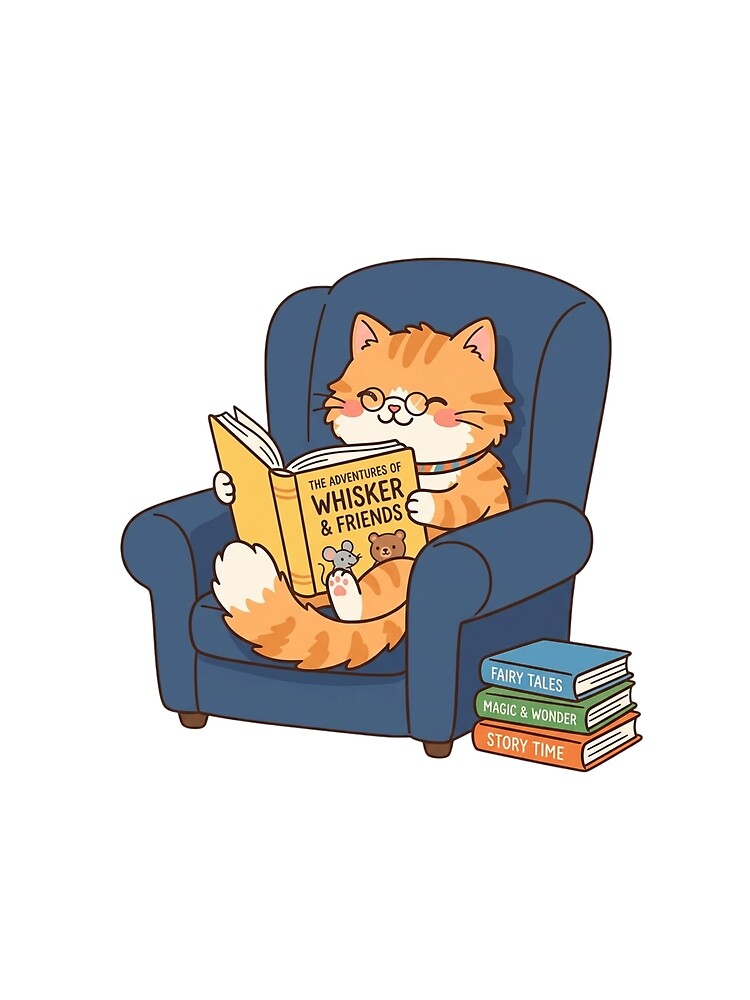 Cute Tabby Cat Reading Book Kawaii Digital Art by ajamzbox