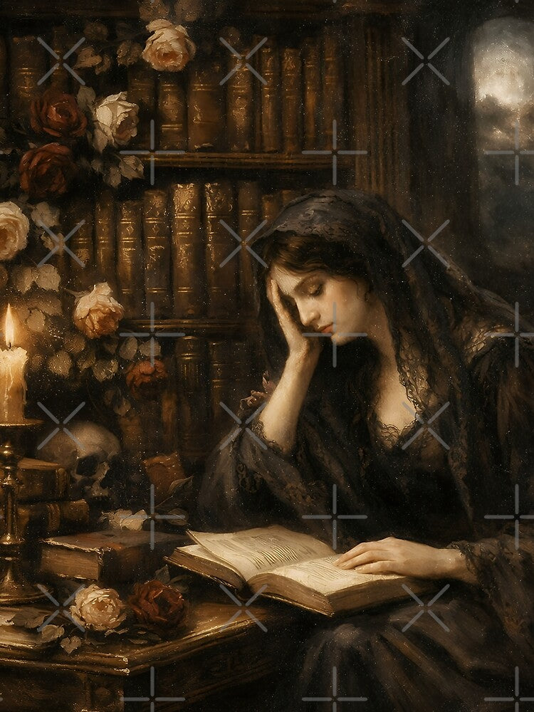 Victorian Gothic Woman Reading by Candlelight Dark Romantic Scene by athanasioungr