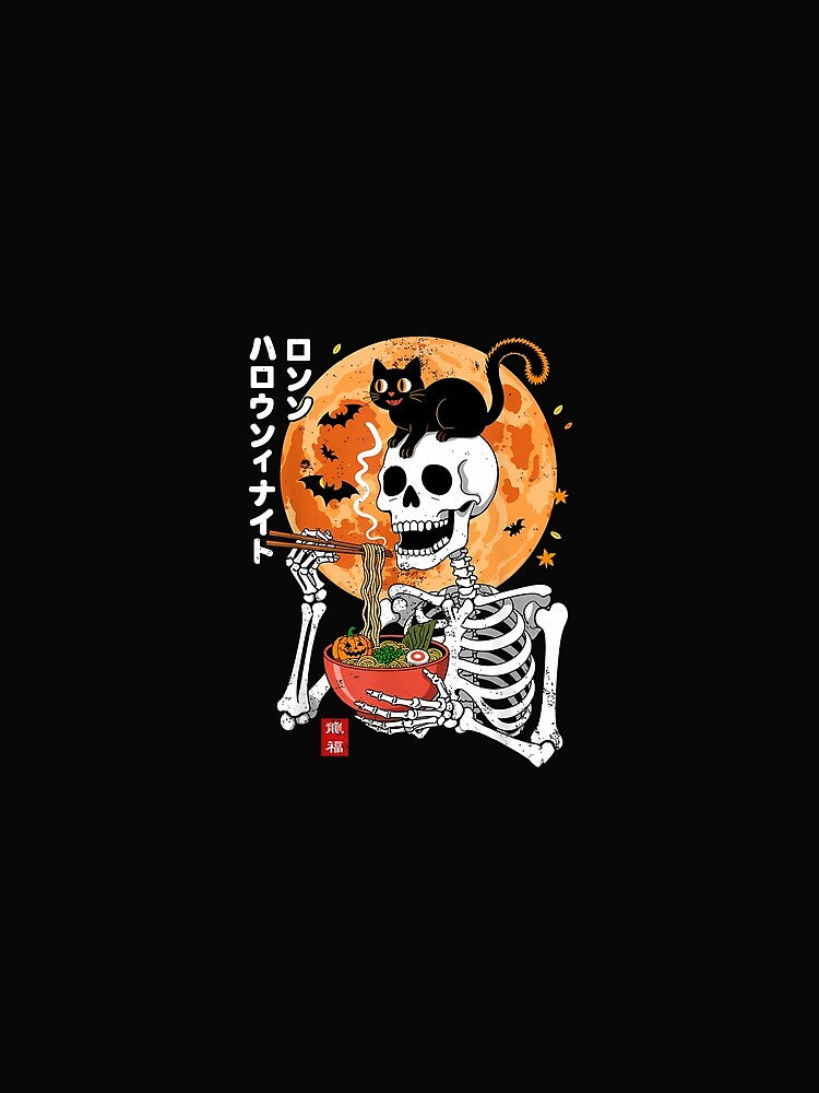 Spooky Skeleton Eating Ramen Bowl With Cat Halloween by cawtoon
