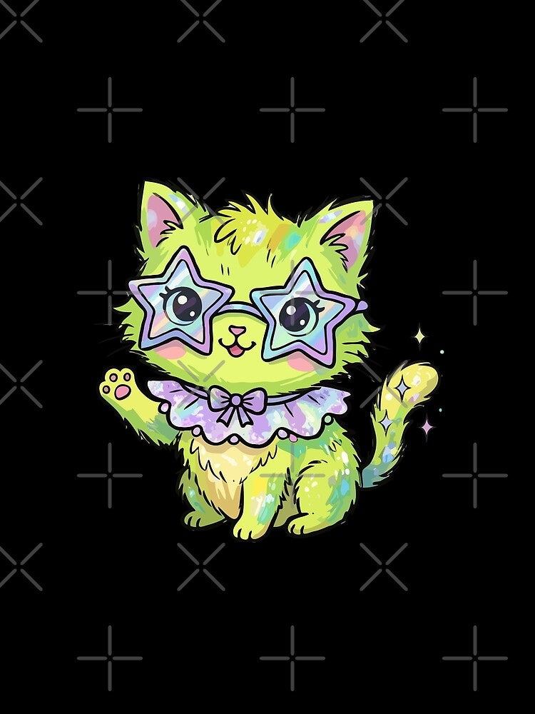 Shimmering Star-Eyed Lime Feline by Emegan Print Art