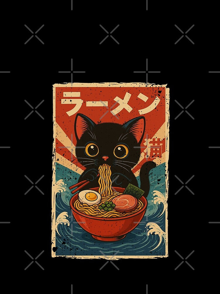 Kawaii Black Cat Ramen Japanese Vintage Retro Wave Style Aesthetic by Damcoc