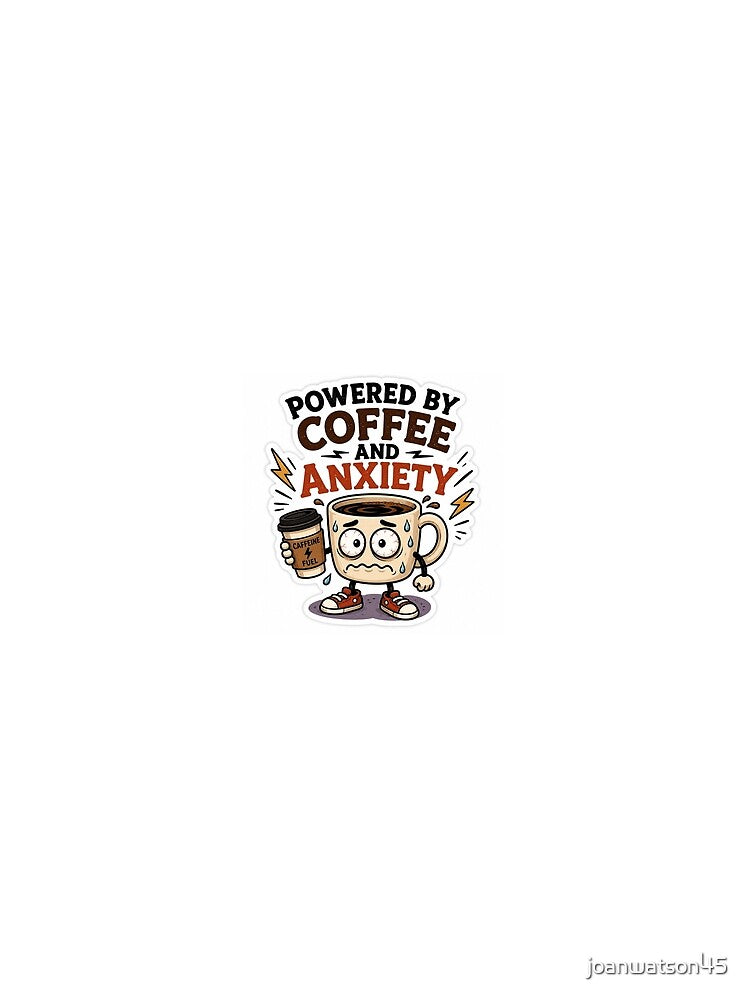 Powered by Coffee and Anxiety Sticker | Funny Coffee Cup Sticker with Lightning Bolts & Nervous Eyes by joanwatson45