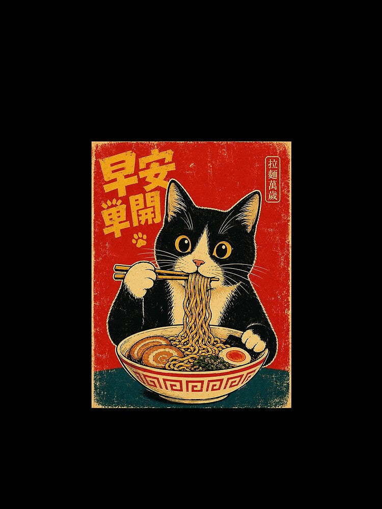 Cute Black Cat Eating Noodles Vintage Asian Poster Style by ferminhays