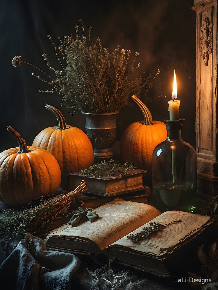 Pumpkin Still Life – Vintage Halloween Book & Candle Scene by LaLi-Designs