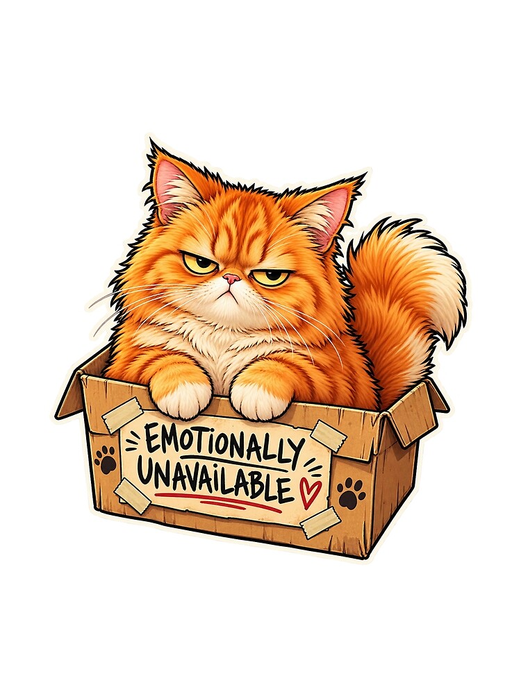 Emotionally Unavailable – Funny Orange Cat in Cardboard Box by zenithviv