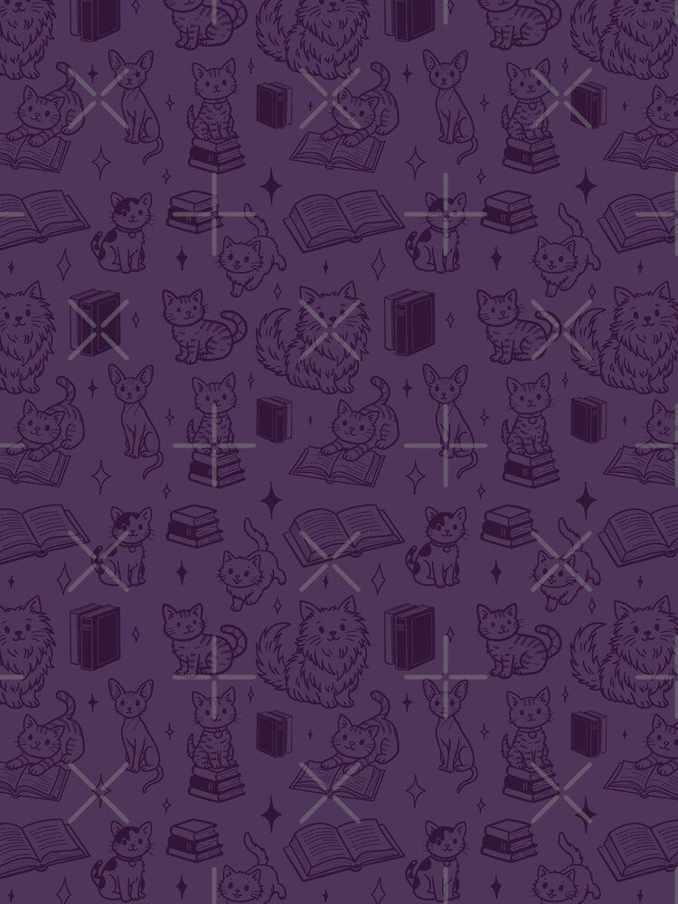 Cute Cats and Books Doodle Seamless Pattern for Book Lovers in Purple by WildLakePatterns