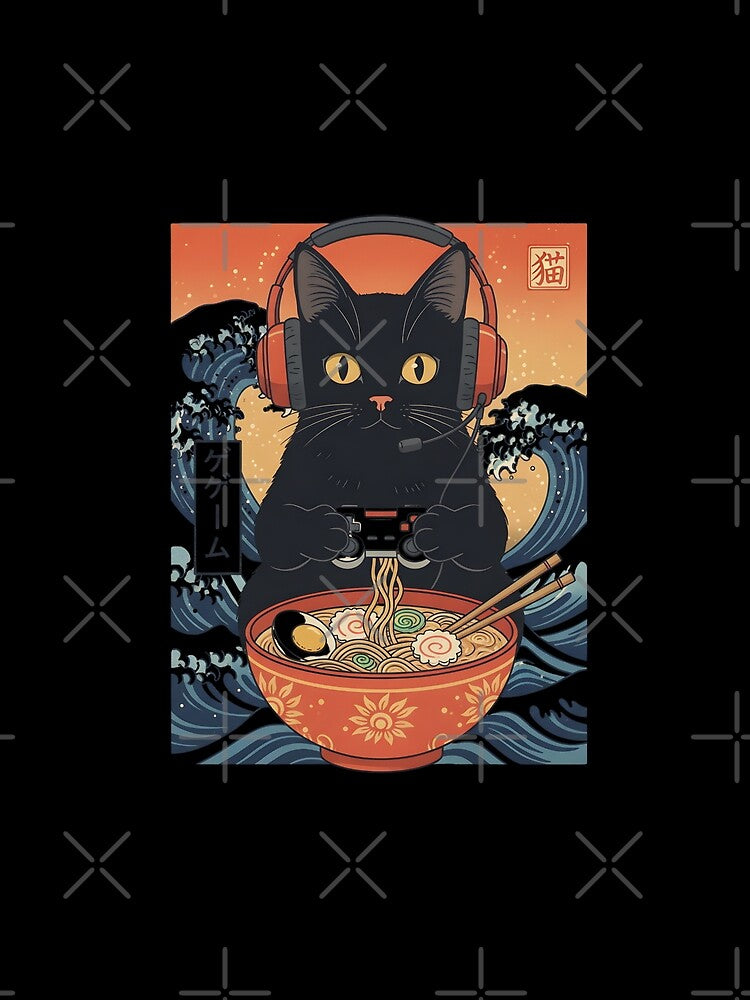 Cute Kawaii Gamer Cat Funny Ramen Retro Japanese Cat Gaming by THREE LITTLE BEANS