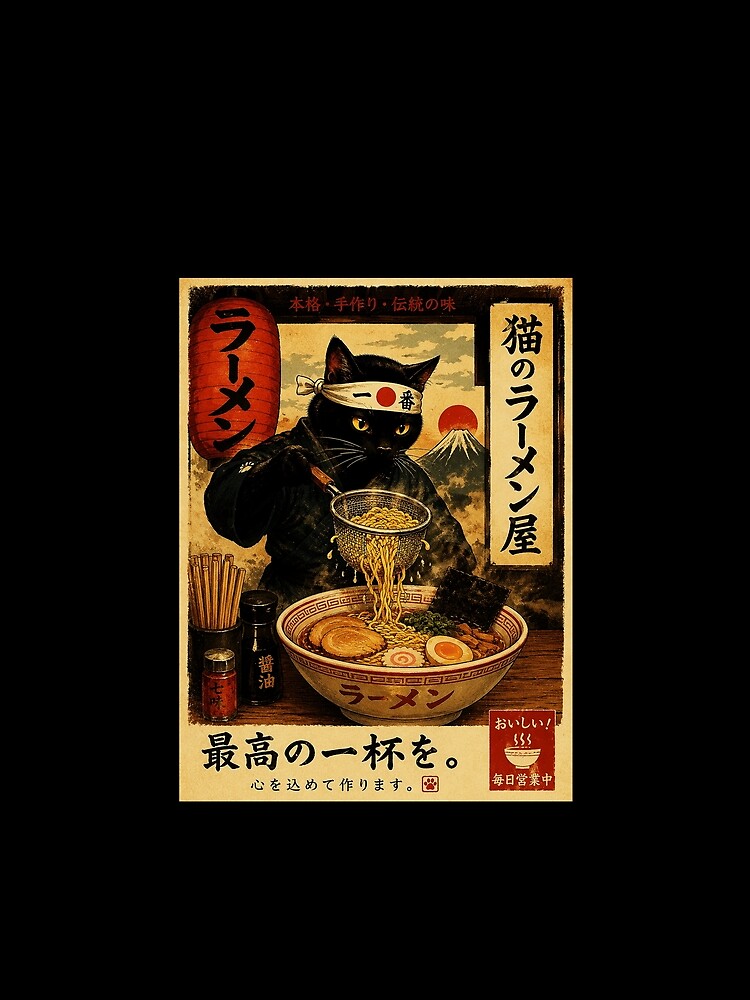 Black Cat Ramen Master in Vintage Japanese Food Poster by ferminhays