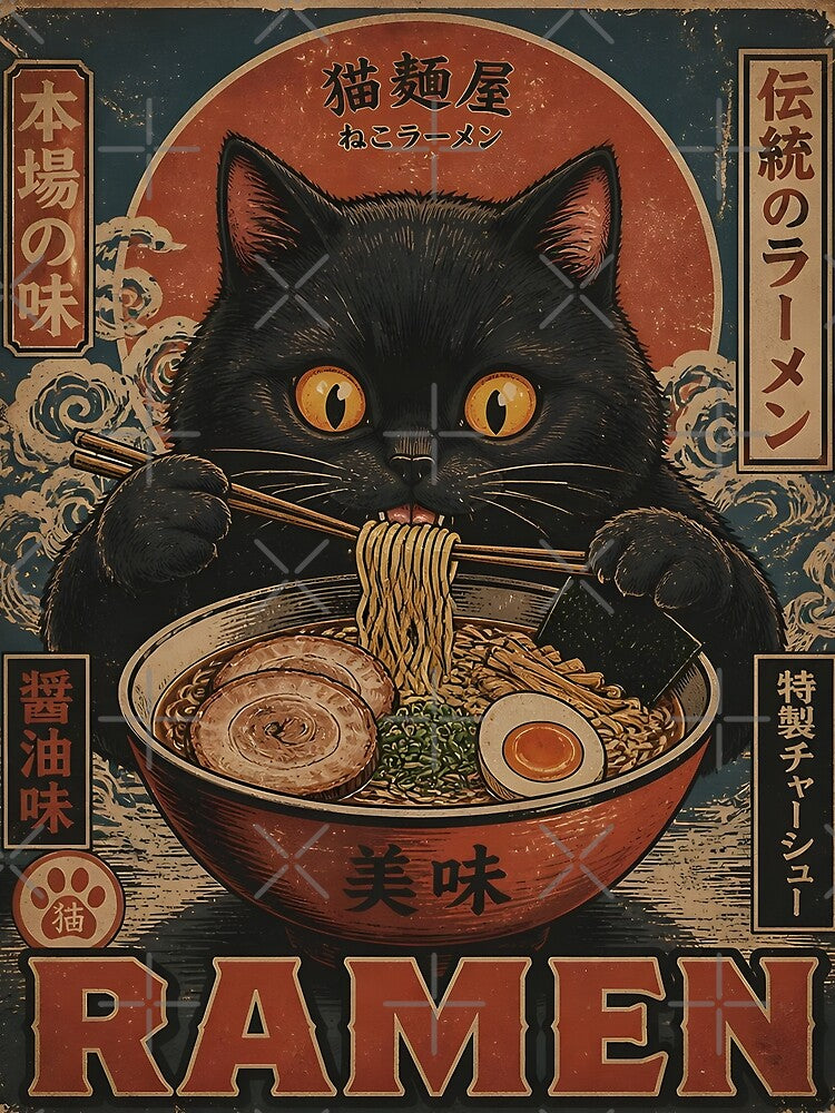 Black Cat Eating Ramen Noodle Japanese Ukiyoe Vintage Kawaii by GrinGalore