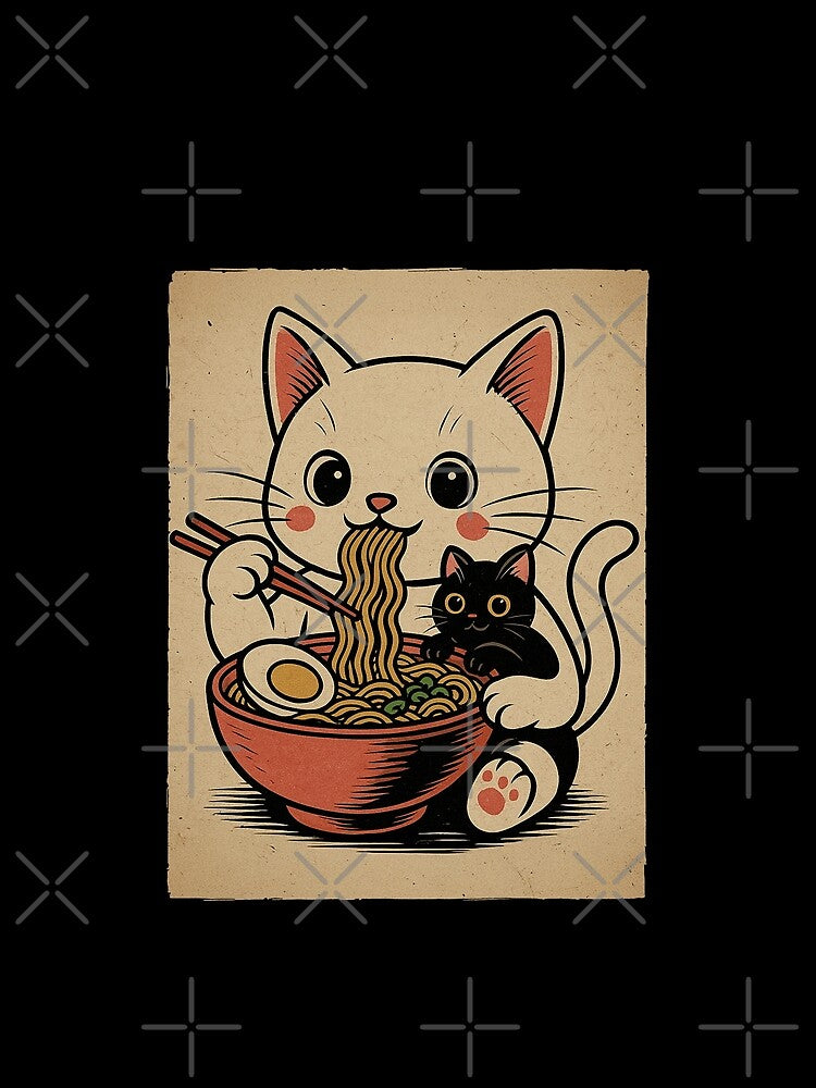 Chopsticks Cat Ramen Vintage Japanese Retro Cute Noodle Art by Damcoc