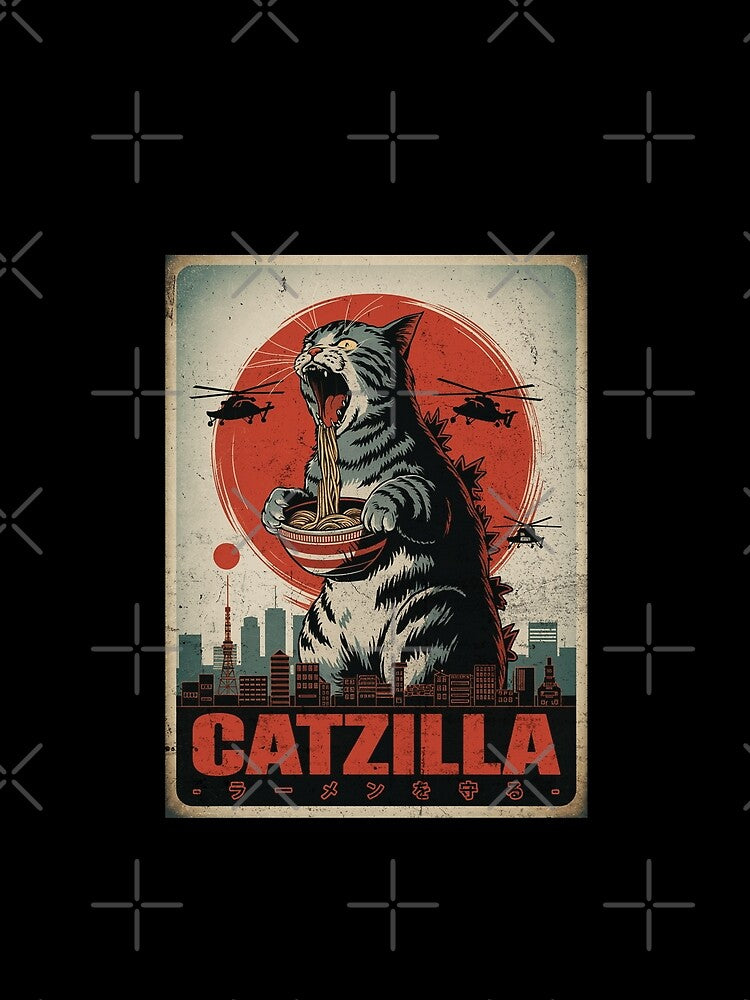 Catzilla Ramen Guard Giant Cat Protects Noodles Retro Tokyo Art by Damcoc
