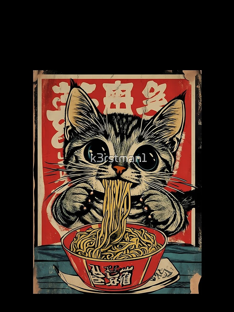 Cute Cat Eating Ramen Noodles Vintage Japanese Art by k3rstman1