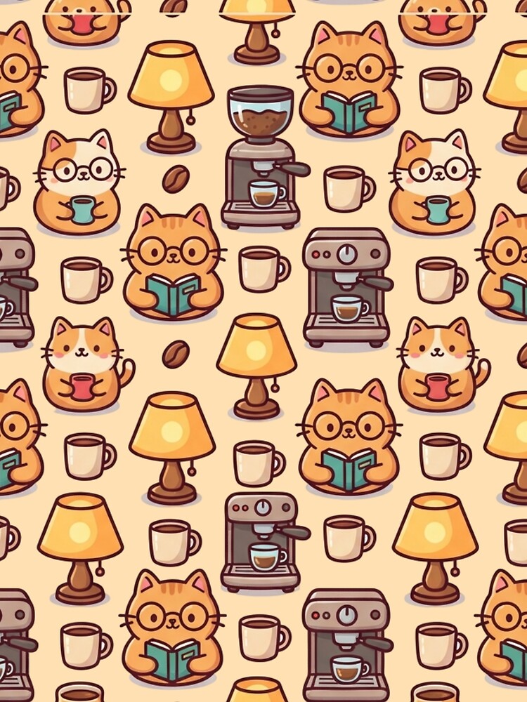 Barista Cat & Books Seamless Pattern - Coffee Lover Library Decor by HappySproutArt