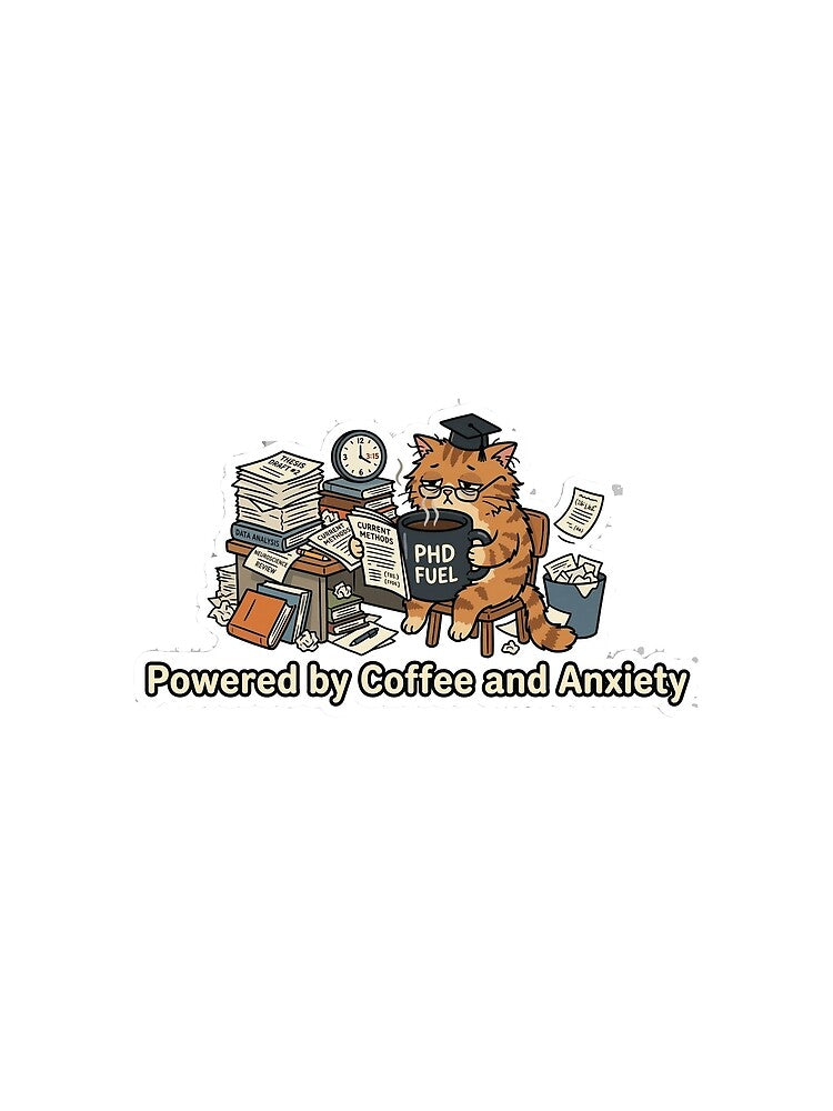"Powered by Coffee and Anxiety" Funny PhD Cat Sticker by AuroraPixelDa