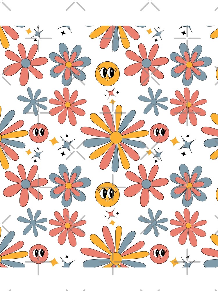 Kawaii Retro Flower Power Pattern – Groovy Daisies with Cute Faces & Sparkles by HastyHouse