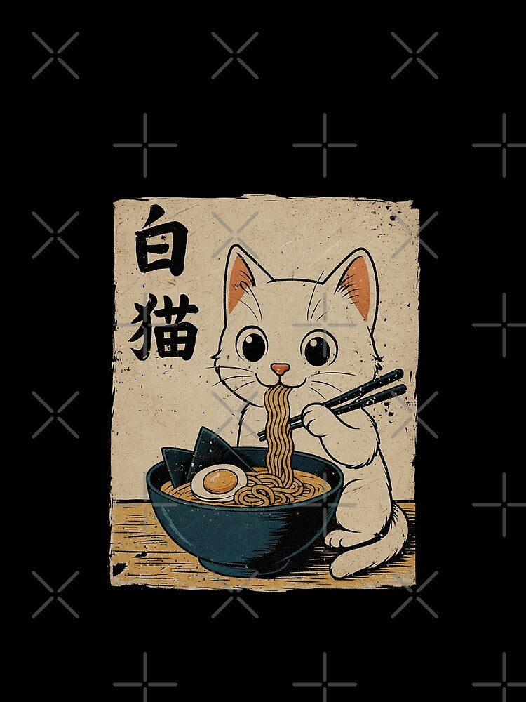 White Cat Ramen Art Japanese Retro Noodle with Seaweed Vintage by Damcoc