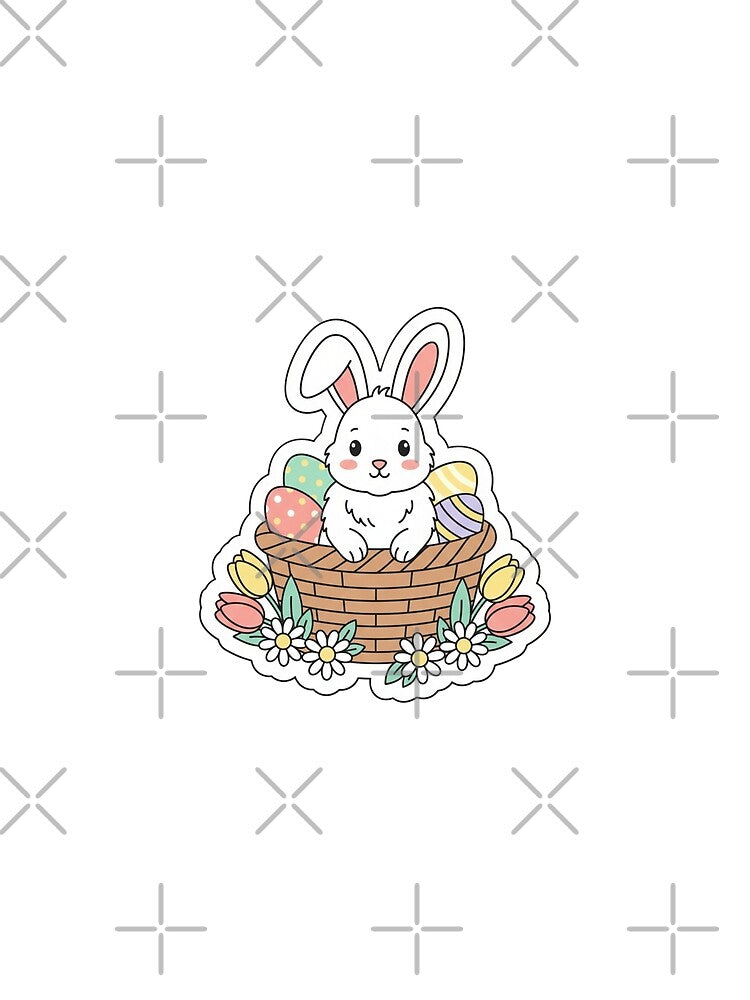 Cute Easter Bunny in Basket with Eggs and Flowers — Vector Sticker by Han-Chaeyoung
