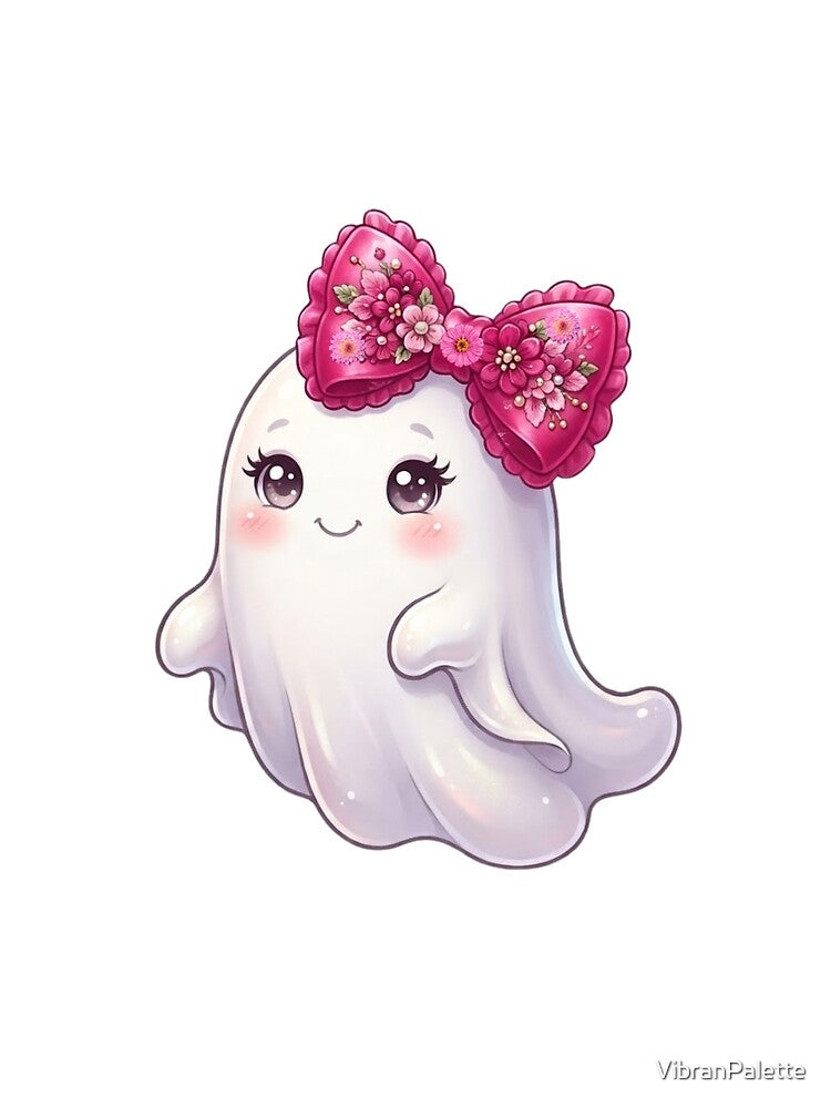 Cute Spooky Ghost with Big Pink Floral Bow Kawaii Halloween by VibranPalette