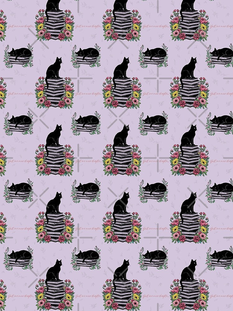 Just One More Chapter – Cats on Books Floral Seamless Pattern in Pink by WildLakePatterns