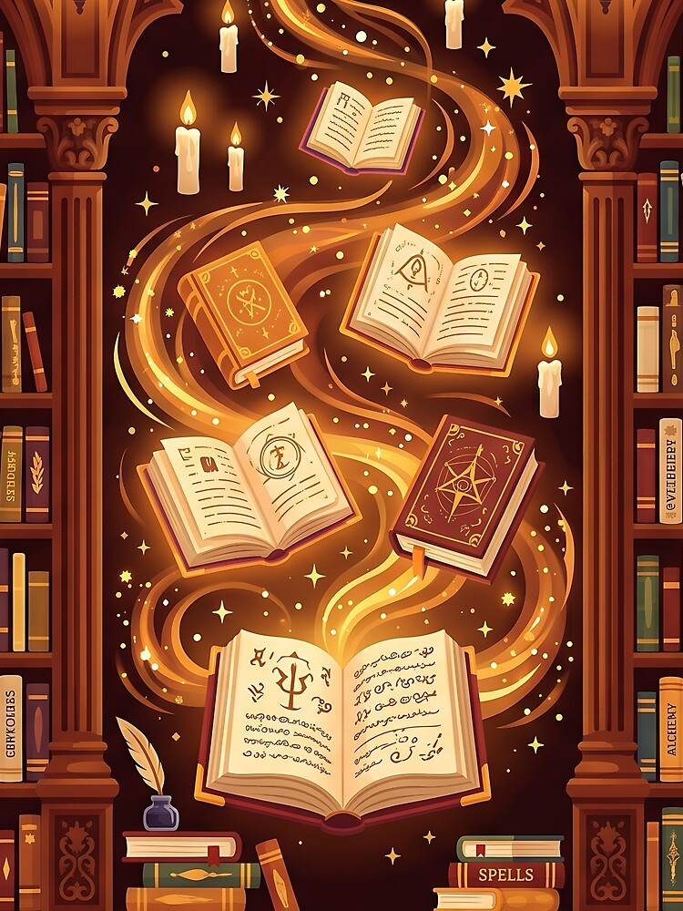 Magical Library of Spellbooks - Dark Academia Floating Grimoires Art by KreonaTime