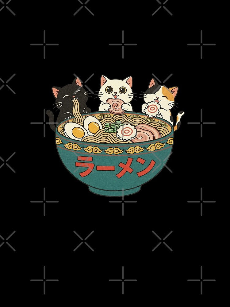 Adorable Three Cats Eating Ramen Japanese Kawaii Retro Art by Bongocomic