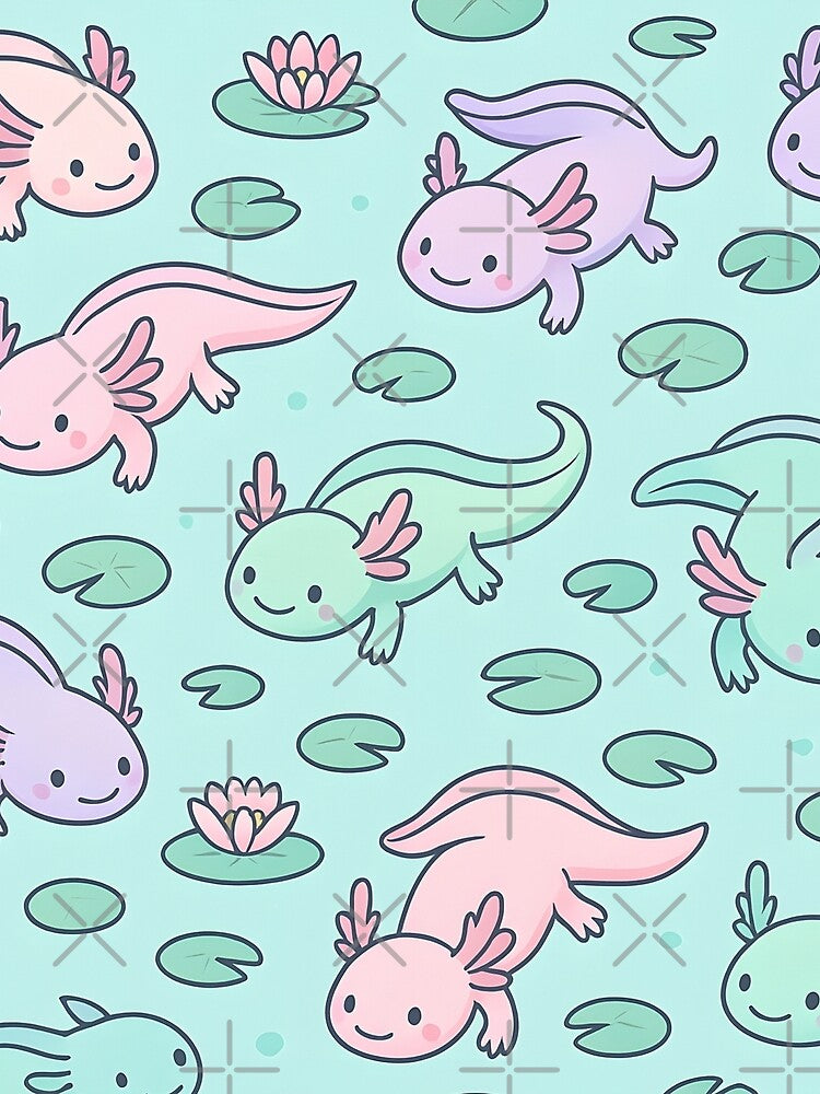 Dreamy Axolotls & Water Lilies Seamless Pattern by StickyGuys