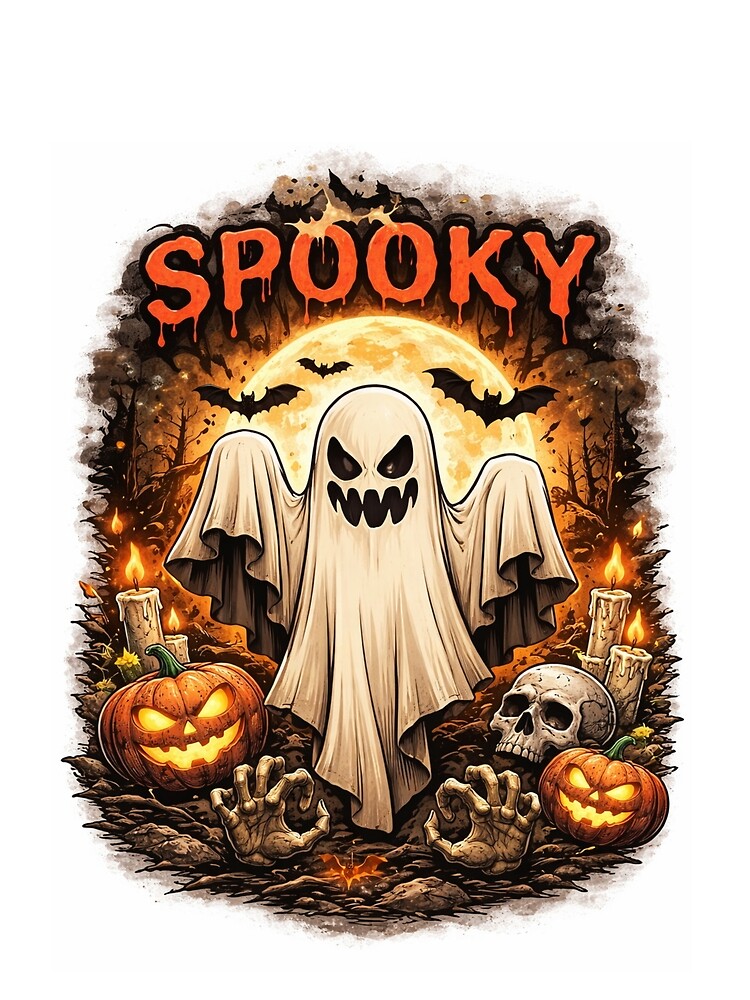 Spooky Ghost Halloween Sticker – Cute Scary Ghost with Pumpkins, Spooky Season Horror Design by sumodesign