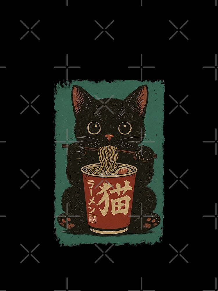 Black Cat Cup Ramen Vintage Japanese Retro Noodle Art Graphic by Damcoc