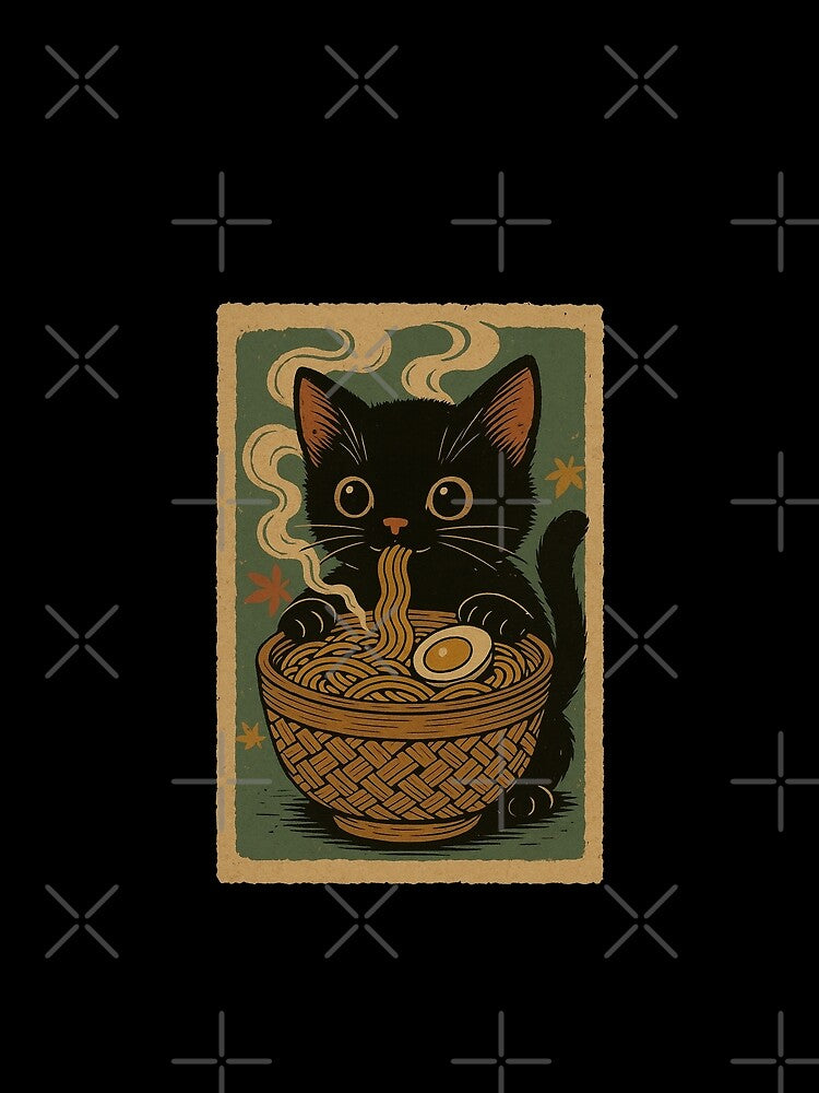 Black Cat Ramen Bamboo Steam Basket Japanese Vintage Style Art by Damcoc