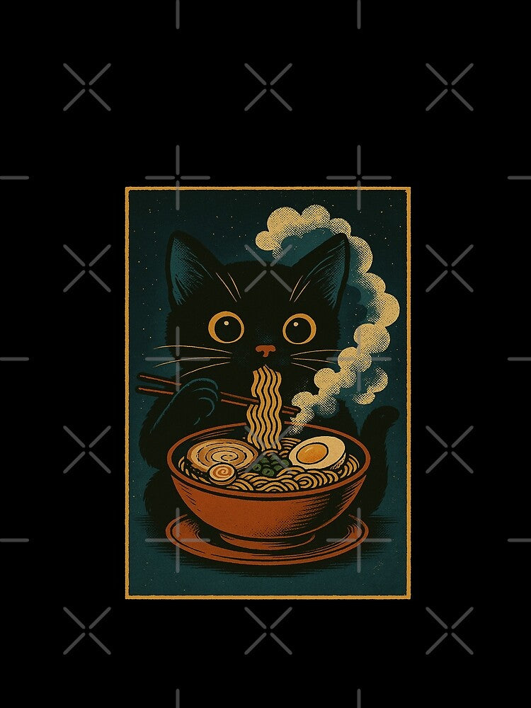 Black Cat Ramen Tonkotsu Night Steam Japanese Vintage Style Art by Damcoc