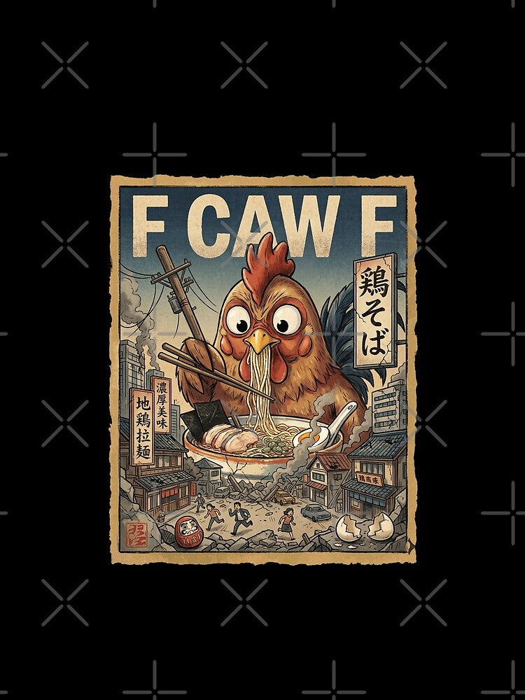 F Caw F Giant Chicken Ramen Kaiju Retro Poster Art by Bongocomic