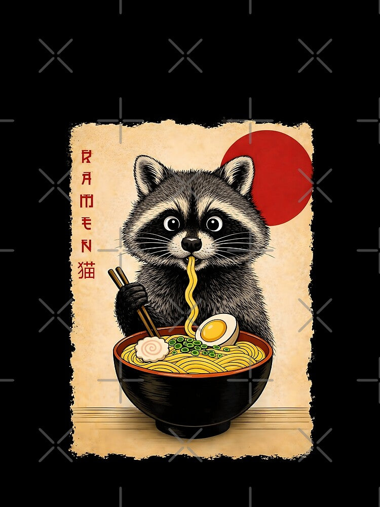 Raccoon Eating Ramen Japanese Vintage Style Funny Food Art by JerdbordinShop