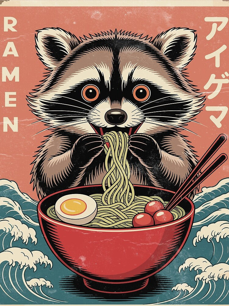 Retro Ramen Raccoon - Japanese Pop Art & Great Wave Aesthetic by YYoYY