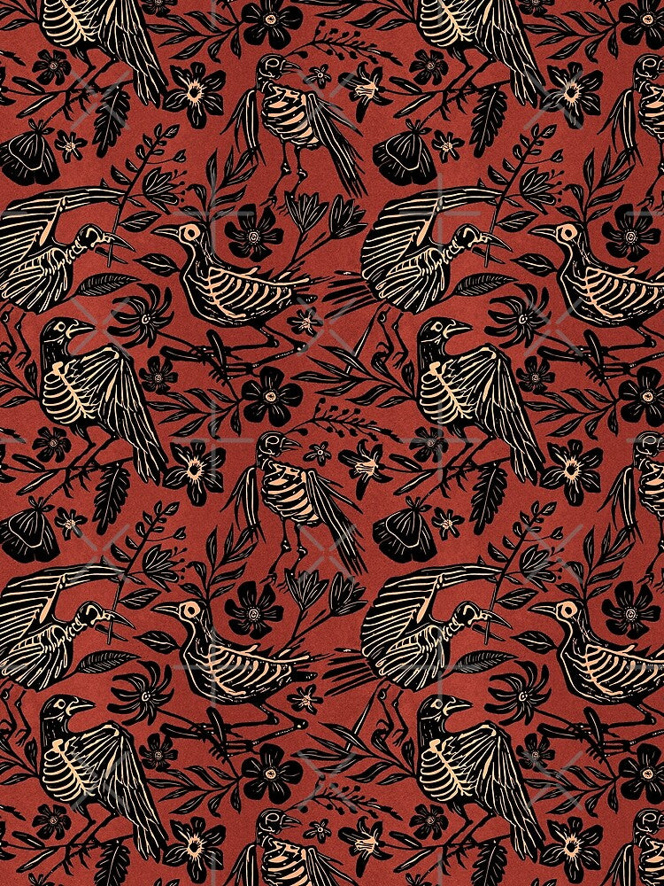 Dark folk art linocut block print floral bird skeleton pattern in rust orange by RedFinchDesigns