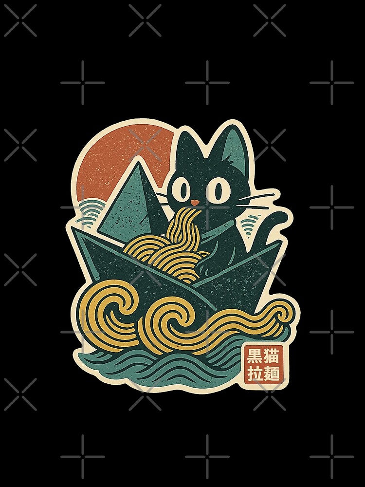 Black Cat Eating Ramen Origami Nori Sail Concept Japanese Graphic Art by Bongocomic
