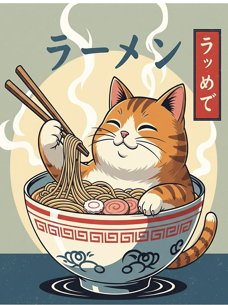Ramen Cat Kawaii Japanese Retro Food Art Funny T-Shirt & Stickers by Neko-Doodle-co