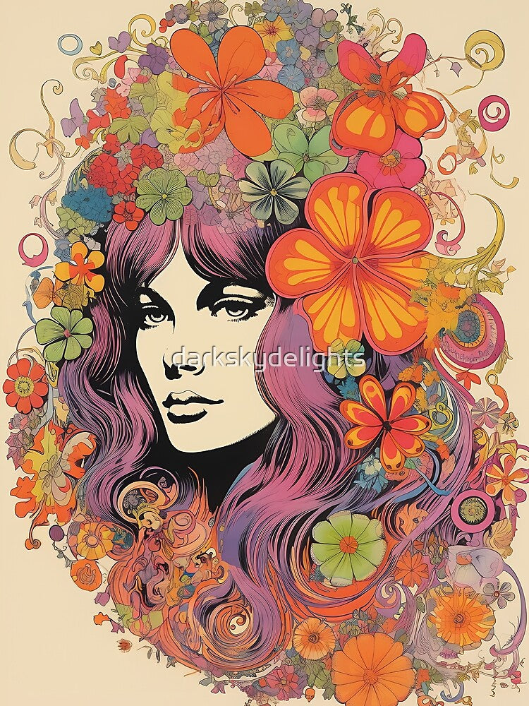 Retro Psychedelic Flower Power Girl Art | 70s Groovy Vibes by darkskydelights